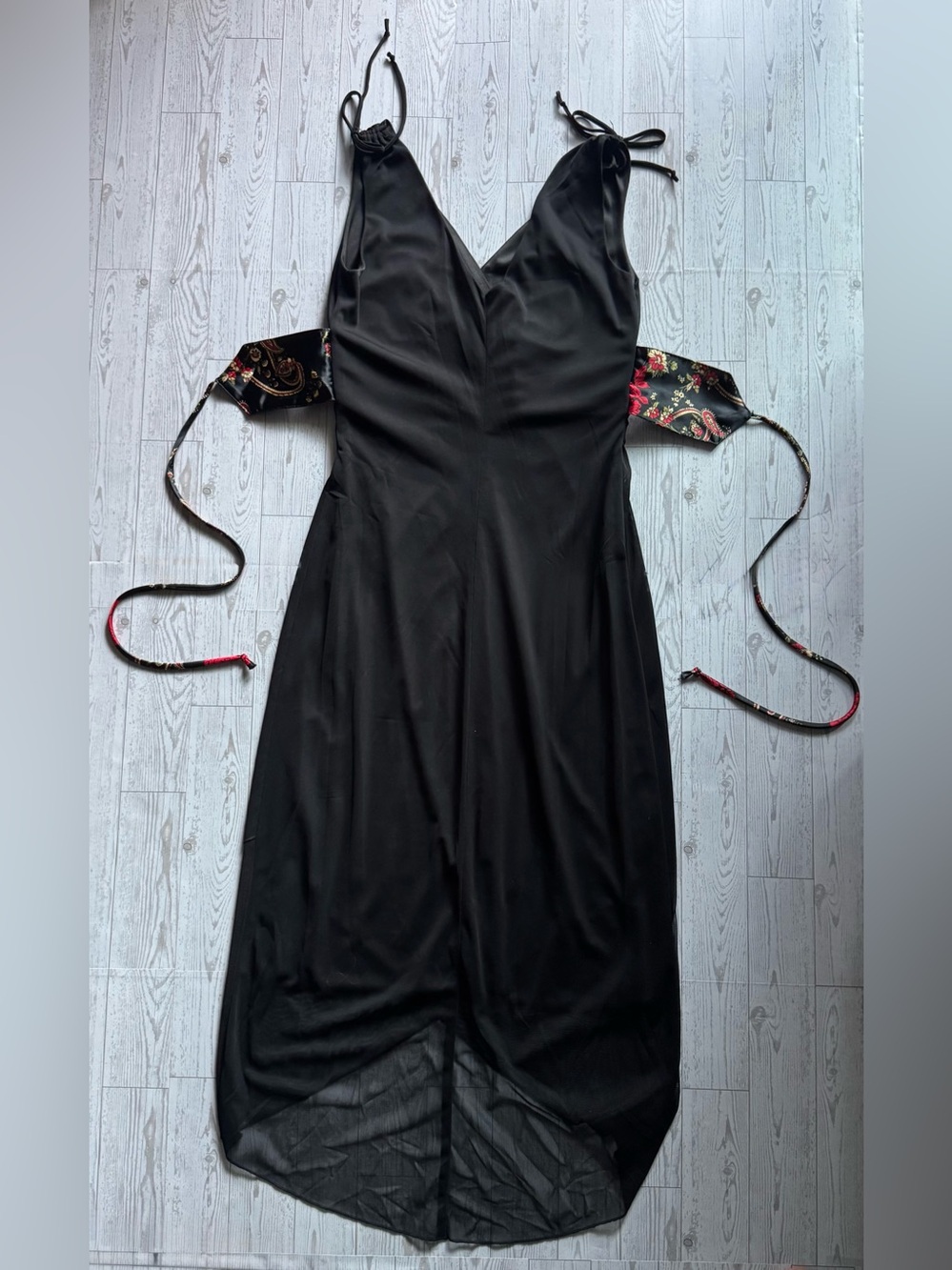 Black High-Low Dress w/ Floral & Black Sash, Conched Shoulder Ties - Size Medium - Picture 4 of 11